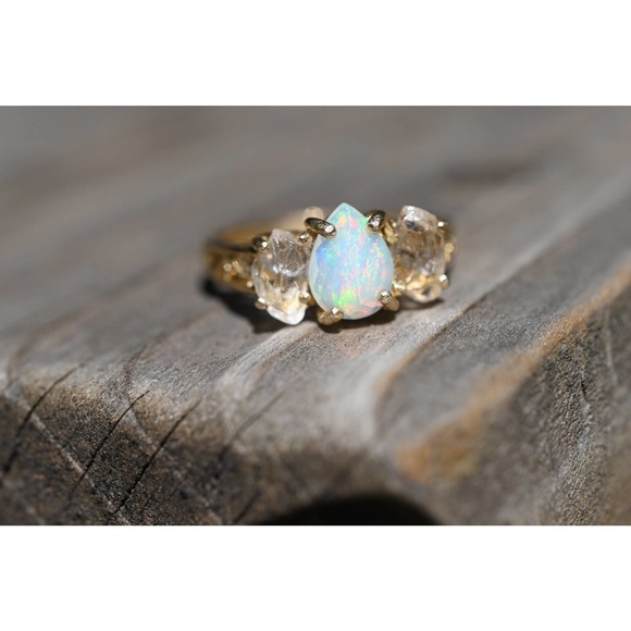 Raw crystal ring, Raw Diamond Engagement Ring, Opal Wedding Ring, Rough … - Picture 1 of 7